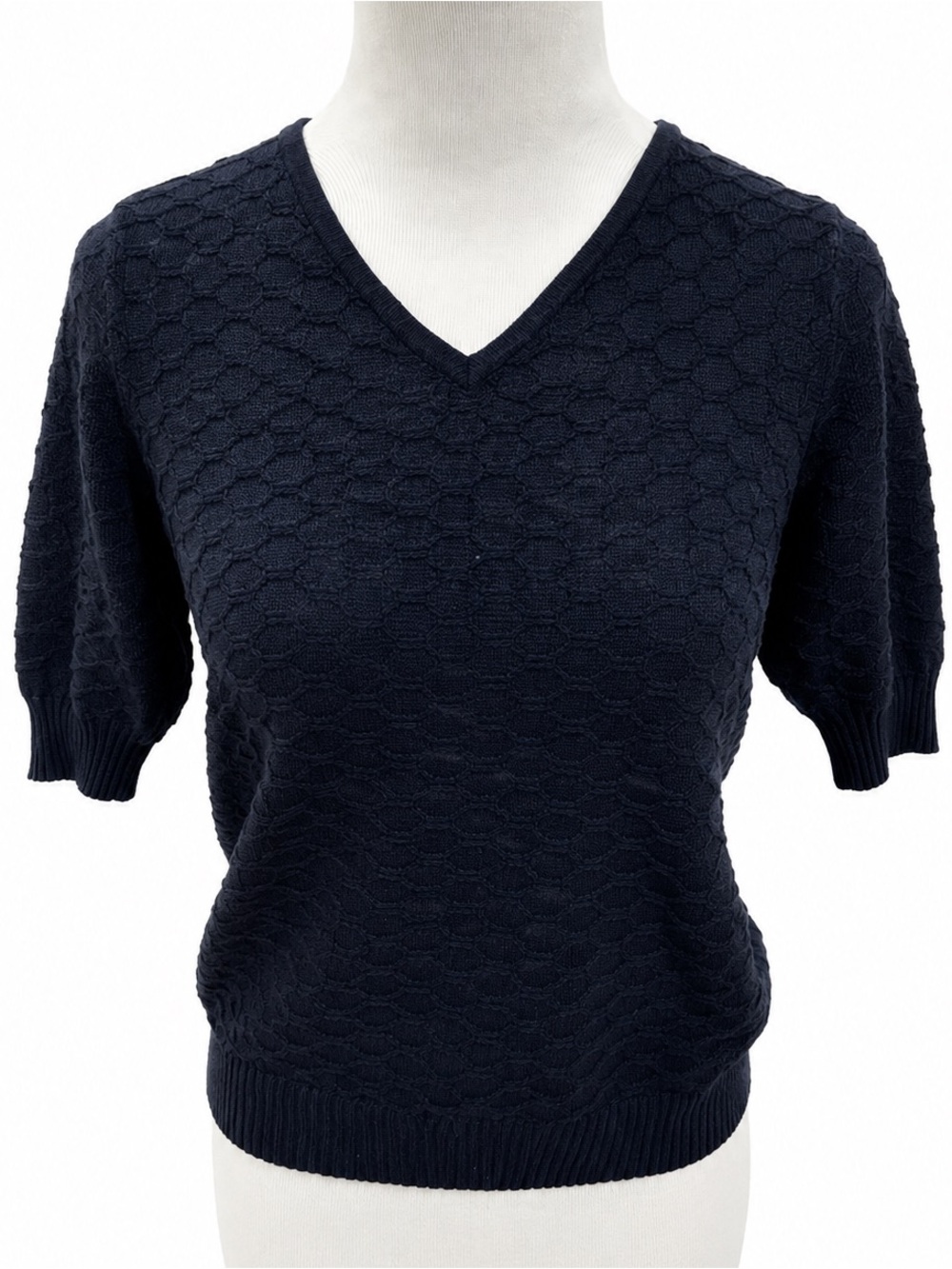 Ella Moss Navy Textured V-Neck Short Sleeve Sweater Small